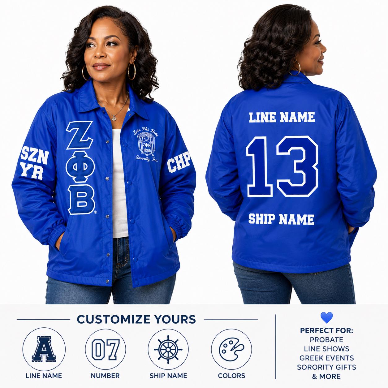 Red Zeta Phi Beta Varsity Line Jacket with personalized front, back, and sleeve embroidery