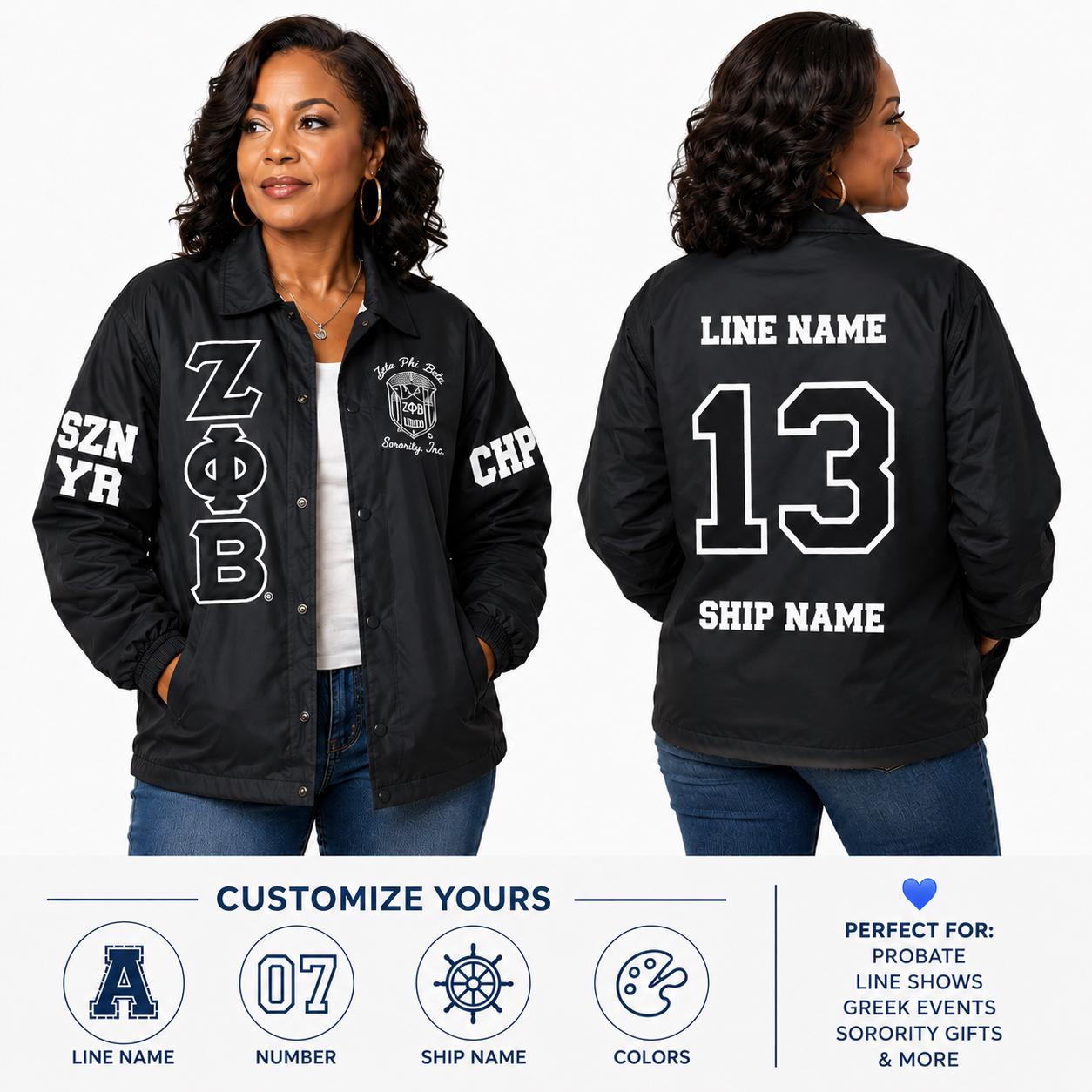 Red Zeta Phi Beta Coach Line Jacket with personalized front, back, and sleeve embroidery