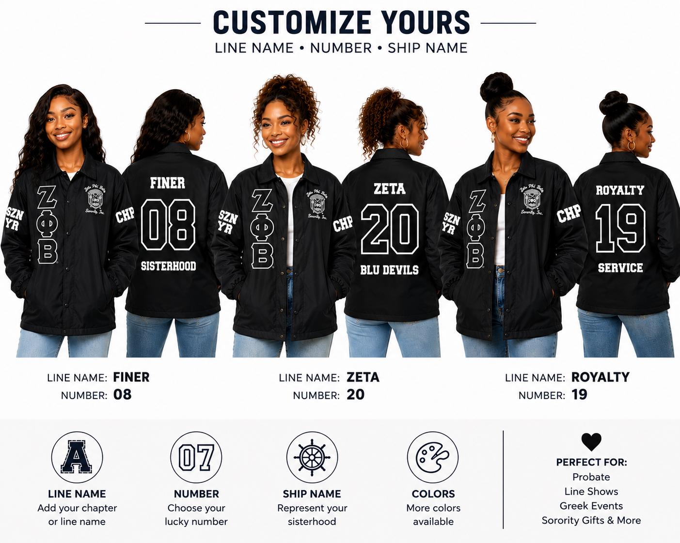 Red Zeta Phi Beta Coach Line Jacket with personalized front, back, and sleeve embroidery