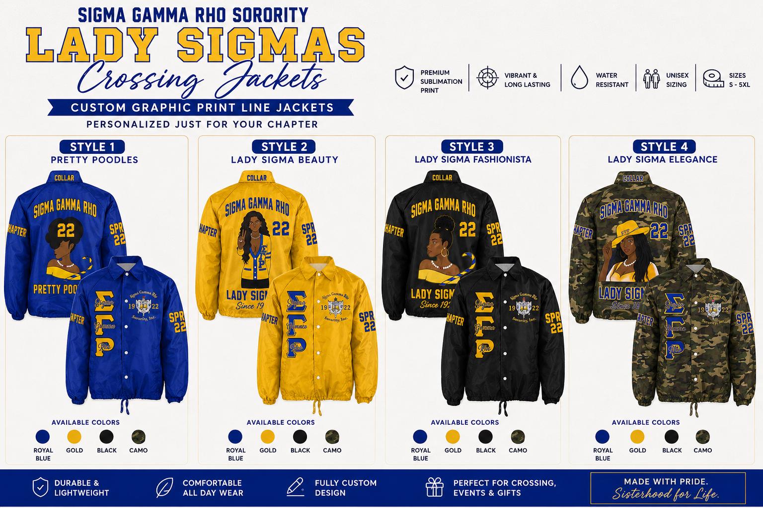 Red Sigma Gamma Rho Custom Line Jacket with personalized front, back, and sleeve embroidery