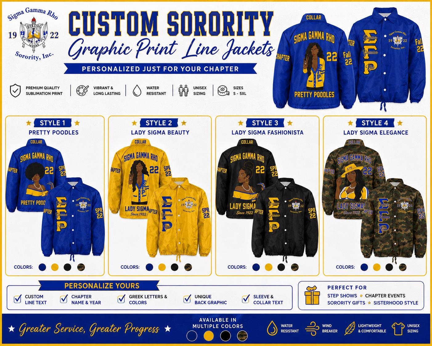 Red Sigma Gamma Rho Custom Line Jacket with personalized front, back, and sleeve embroidery
