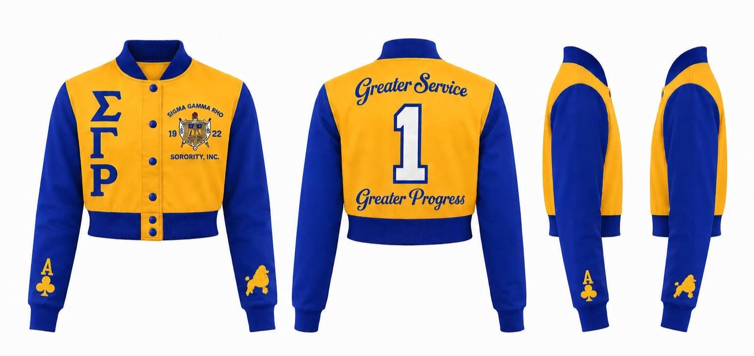 Royal Blue / Gold Sigma Gamma Rho Cropped Line Jacket with personalized front, back, and sleeve embroidery