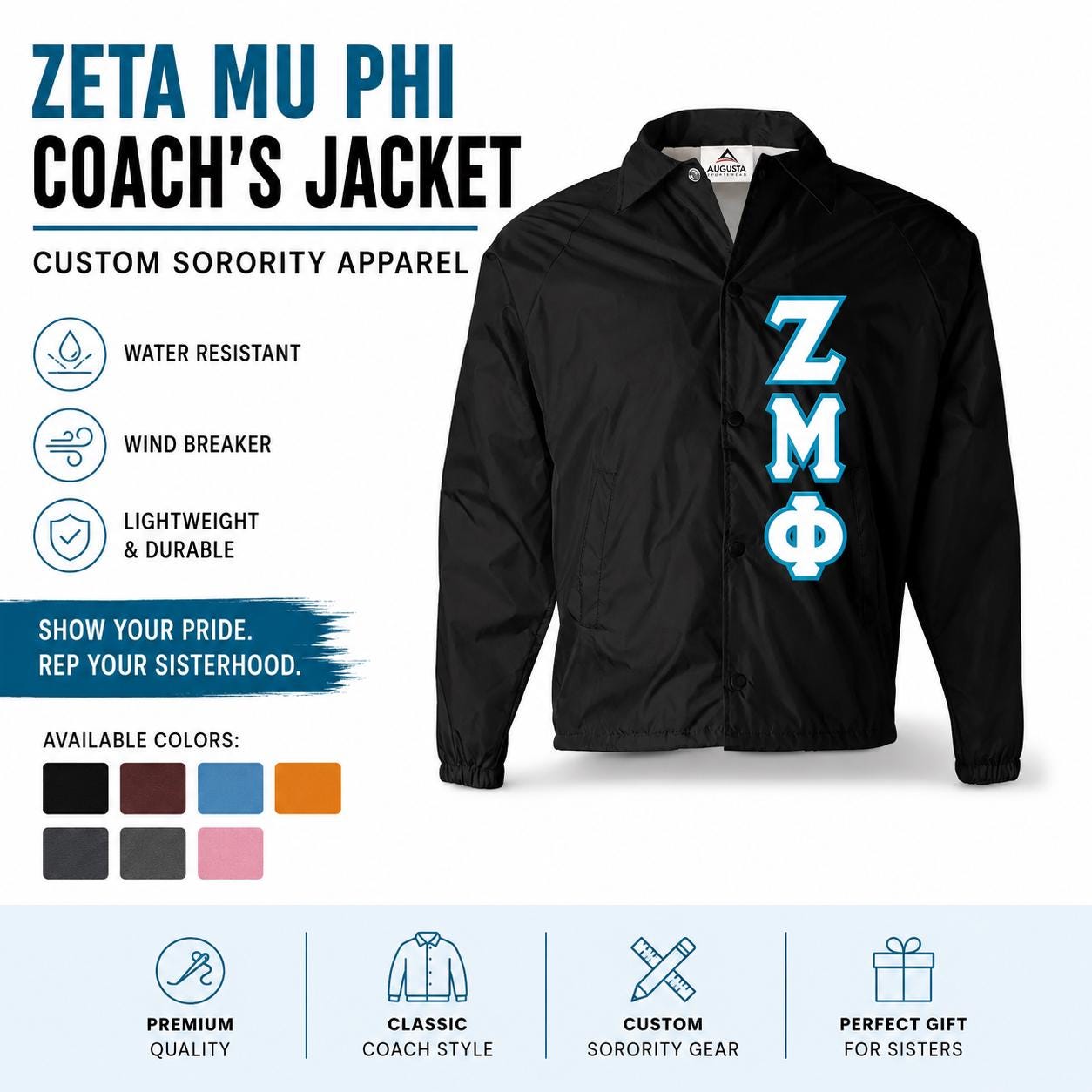 Royal Blue / Red Zeta Phi Beta Coach Line Jacket with personalized front, back, and sleeve embroidery