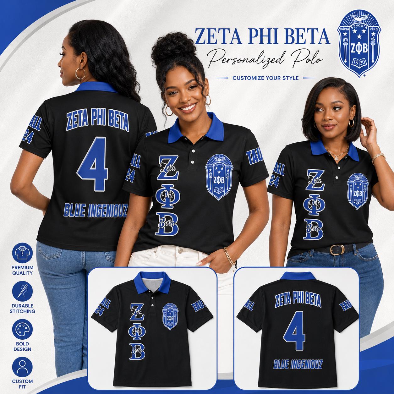White Black custom embroidered Zeta Phi Beta polo shirt with personalized name, chapter, and line details