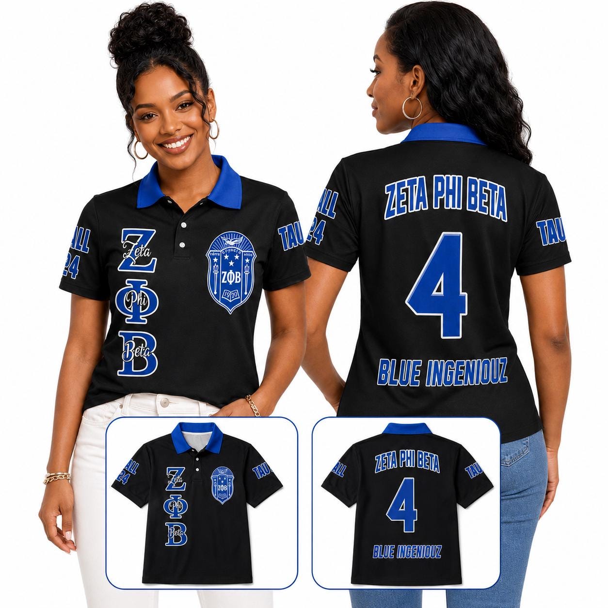 White Red custom embroidered Zeta Phi Beta polo shirt with personalized name, chapter, and line details
