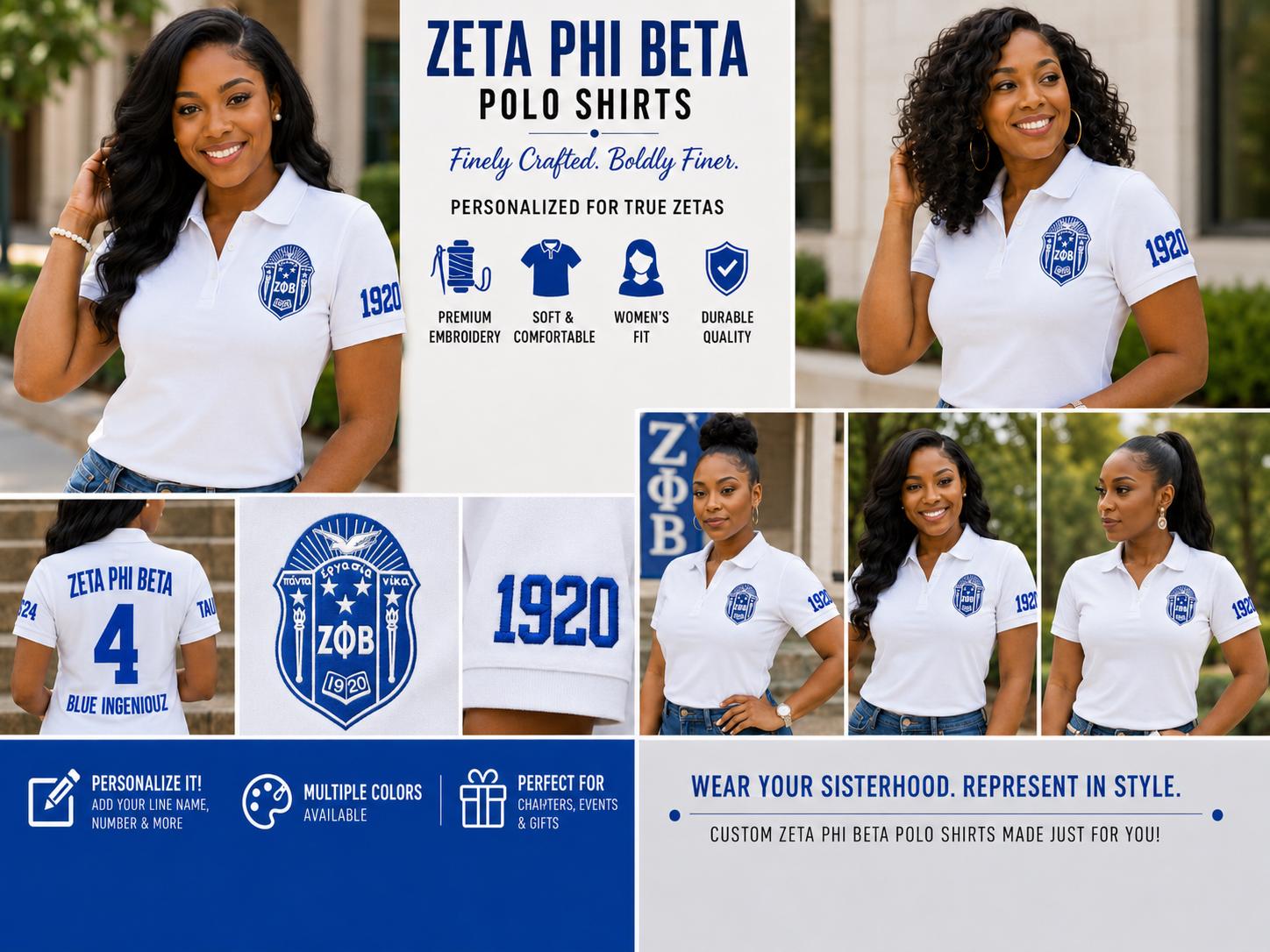 White Red custom embroidered Zeta Phi Beta polo shirt with personalized name, chapter, and line details