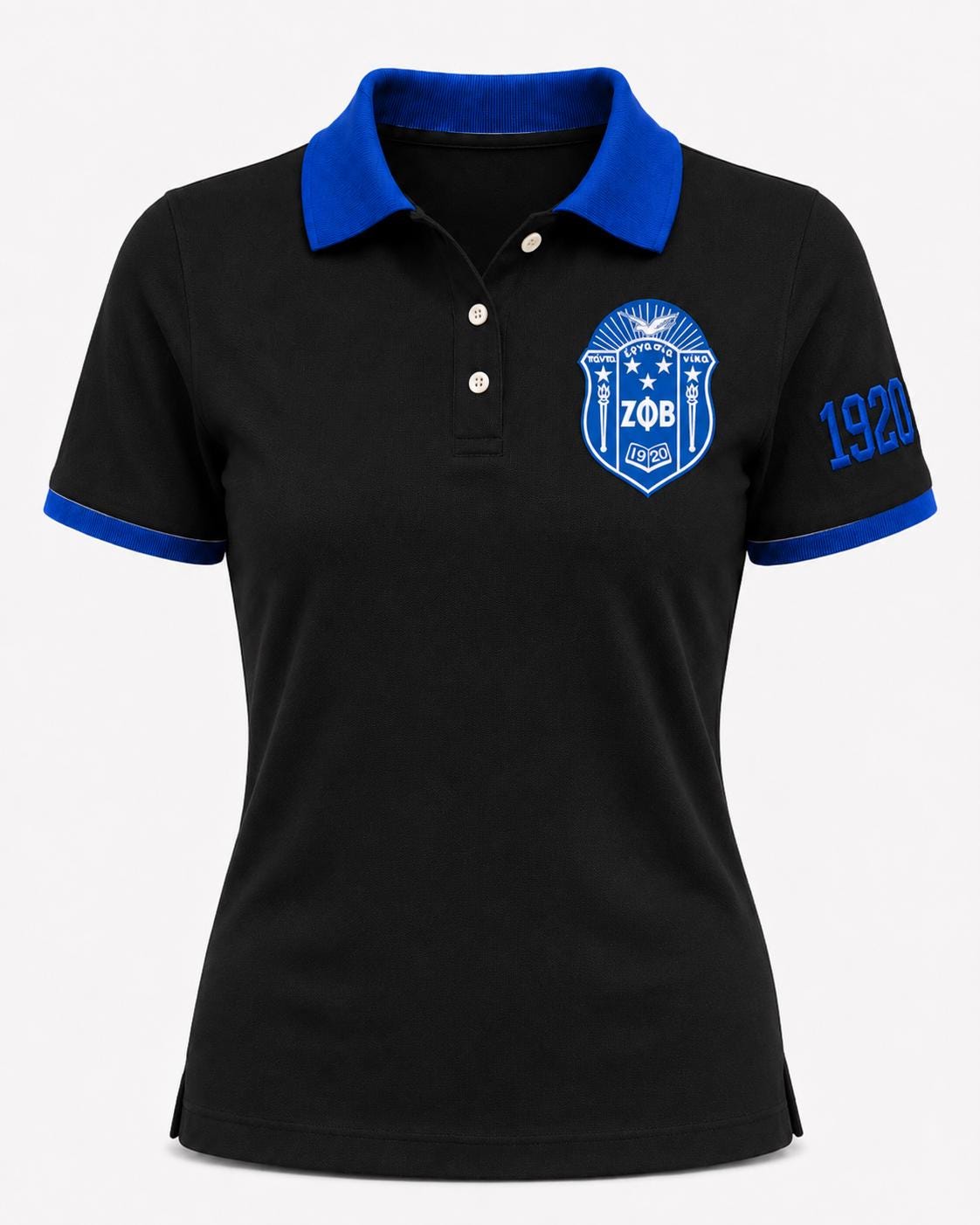 White Red custom embroidered Zeta Phi Beta polo shirt with personalized name, chapter, and line details