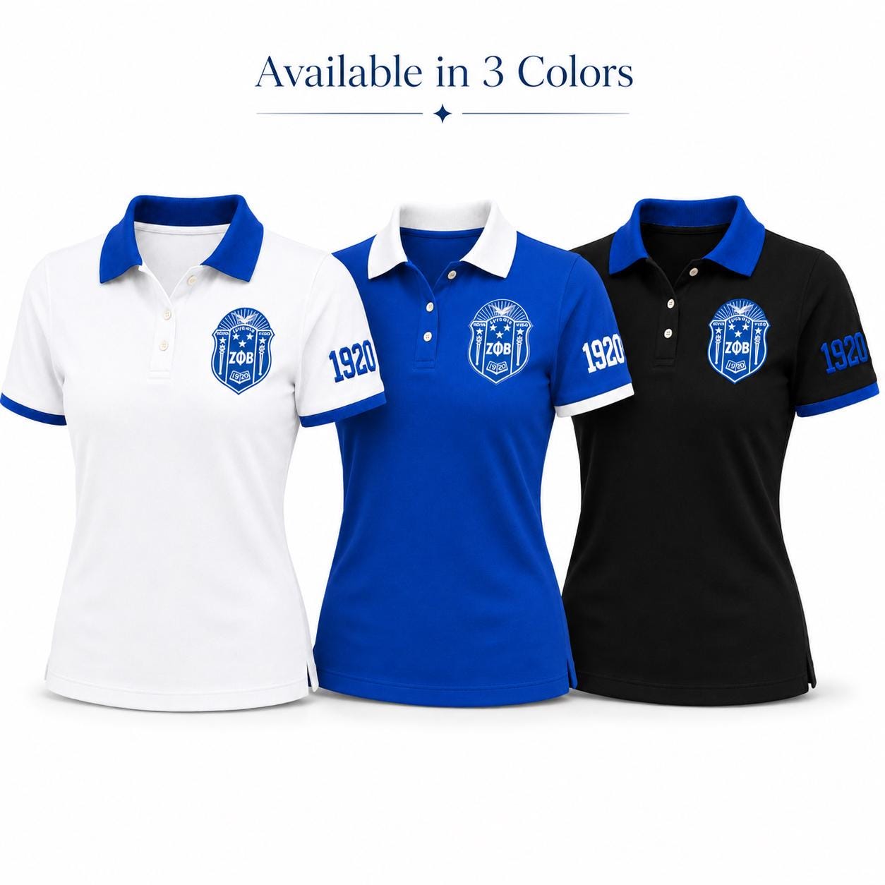 White Red custom embroidered Zeta Phi Beta polo shirt with personalized name, chapter, and line details