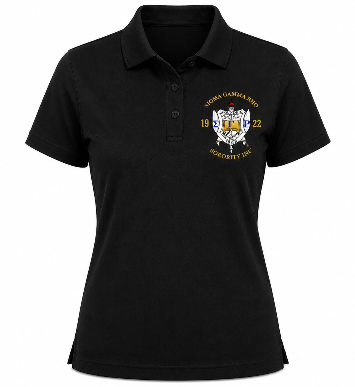 Gold Red custom embroidered Sigma Gamma Rho polo shirt with personalized name, chapter, and line details