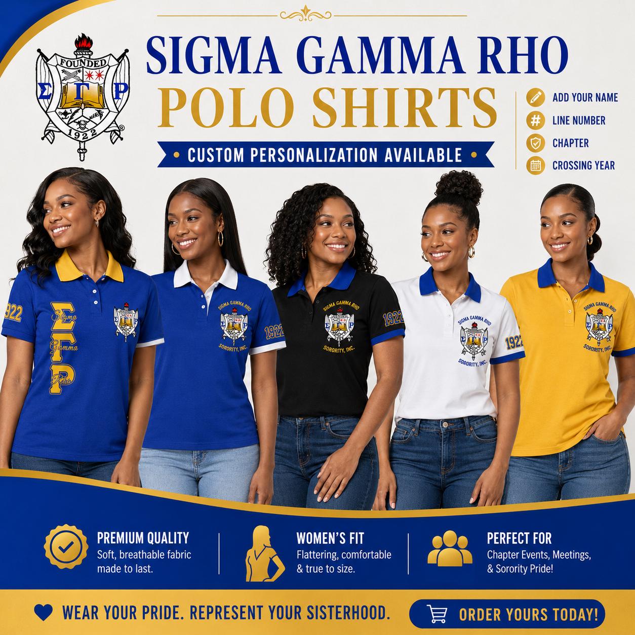 Gold Red custom embroidered Sigma Gamma Rho polo shirt with personalized name, chapter, and line details