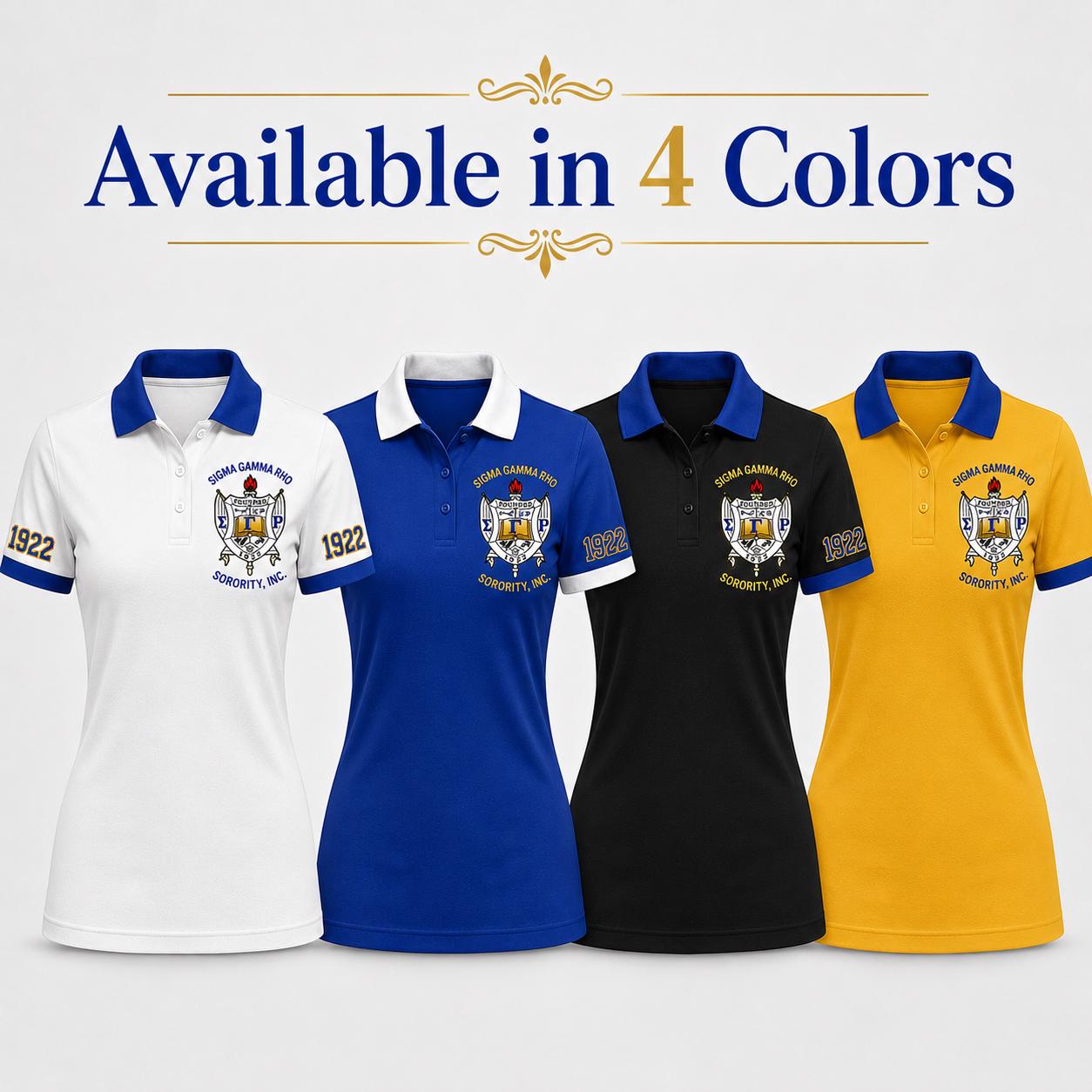 Gold Red custom embroidered Sigma Gamma Rho polo shirt with personalized name, chapter, and line details