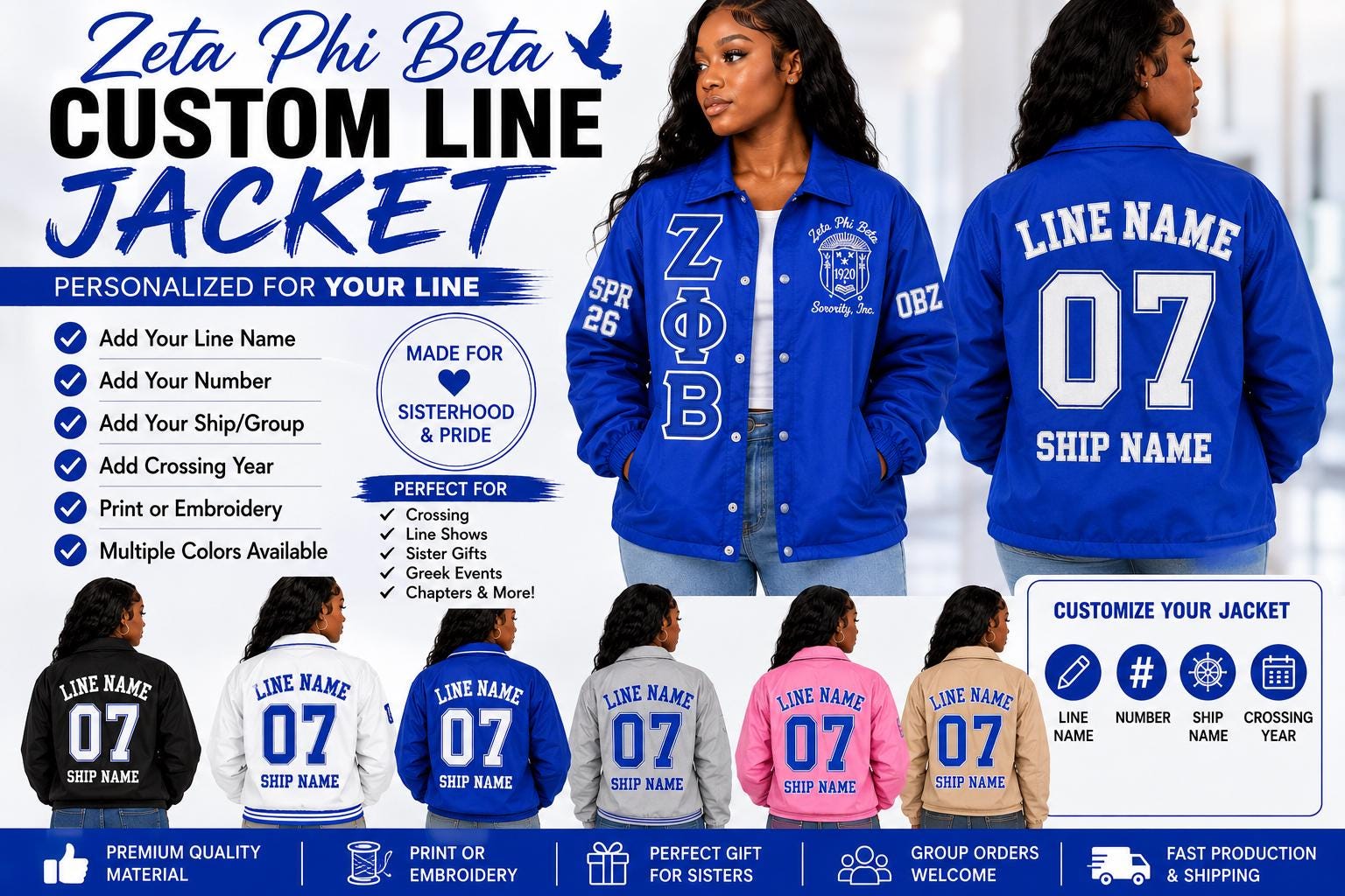 Red Zeta Phi Beta Varsity Line Jacket with personalized front, back, and sleeve embroidery