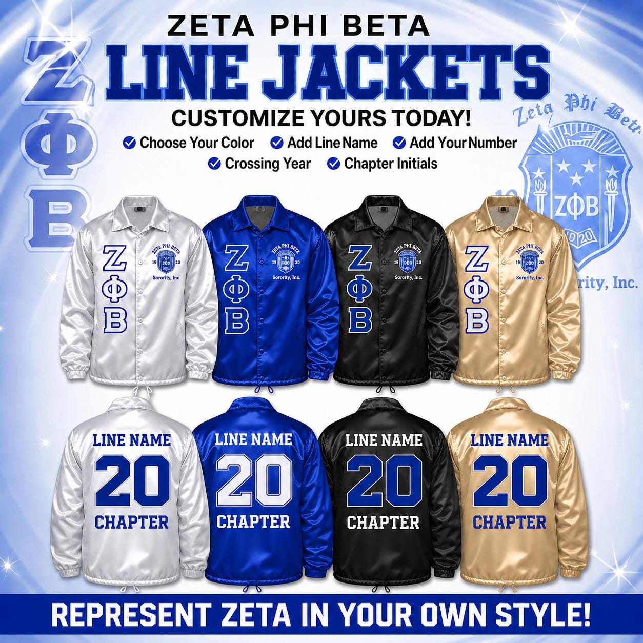 Royal Blue / Black Zeta Phi Beta Varsity Line Jacket with personalized front, back, and sleeve embroidery