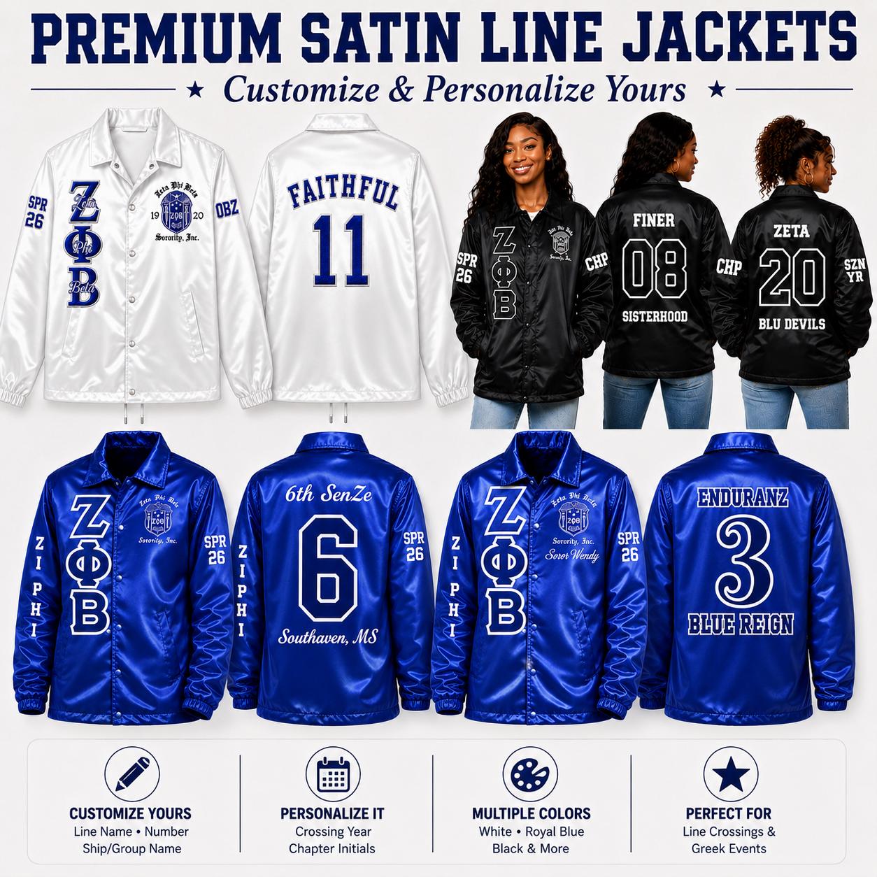 Royal Blue / Black Zeta Phi Beta Varsity Line Jacket with personalized front, back, and sleeve embroidery