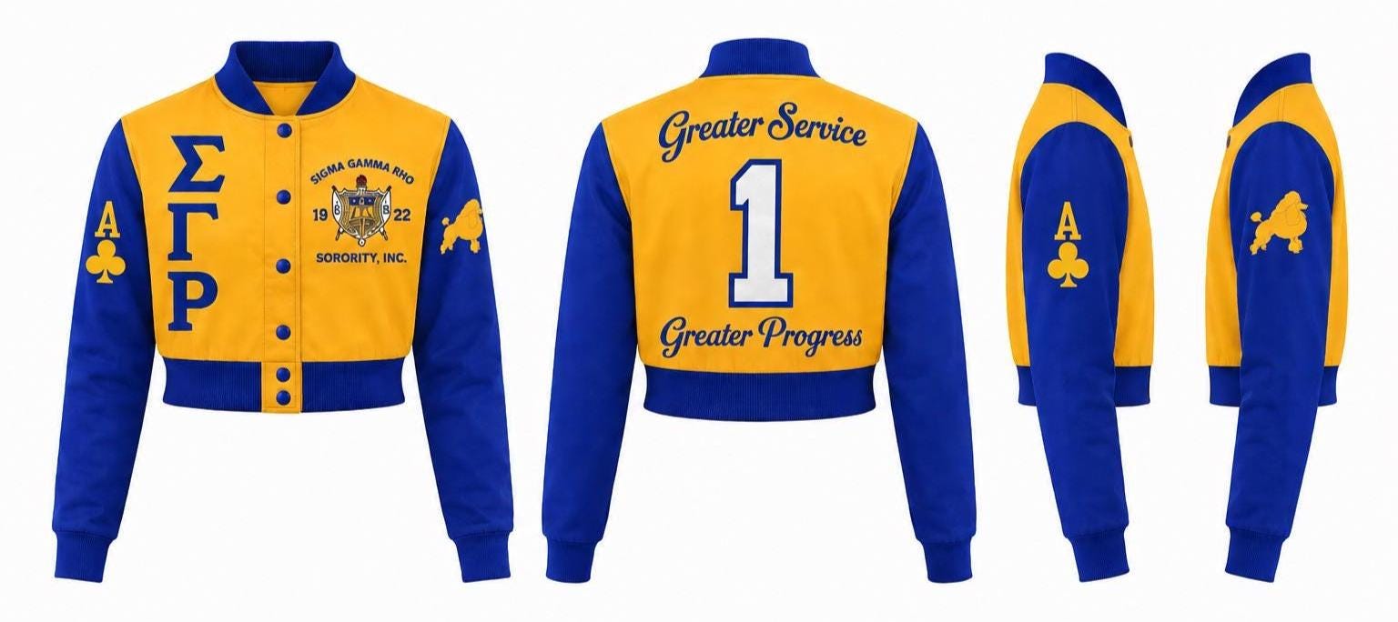 Royal Blue / Gold Sigma Gamma Rho Cropped Line Jacket with personalized front, back, and sleeve embroidery
