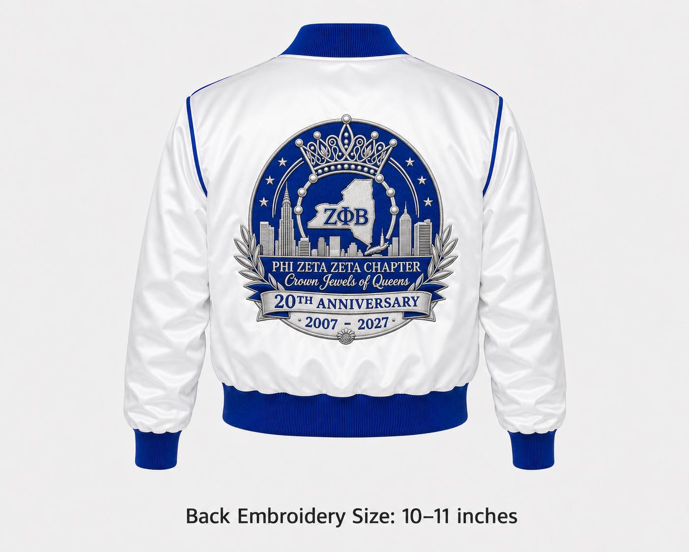 Royal Blue / White Zeta Phi Beta Cropped Line Jacket with personalized front, back, and sleeve embroidery