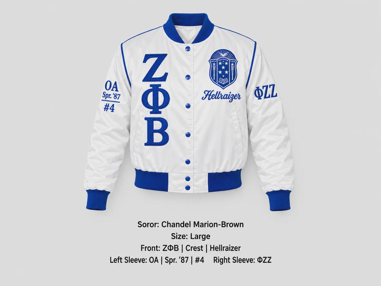 Royal Blue / White Zeta Phi Beta Cropped Line Jacket with personalized front, back, and sleeve embroidery