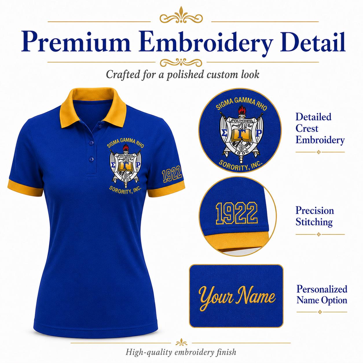 Royal Blue White custom embroidered Sigma Gamma Rho polo shirt with personalized name, chapter, and line details