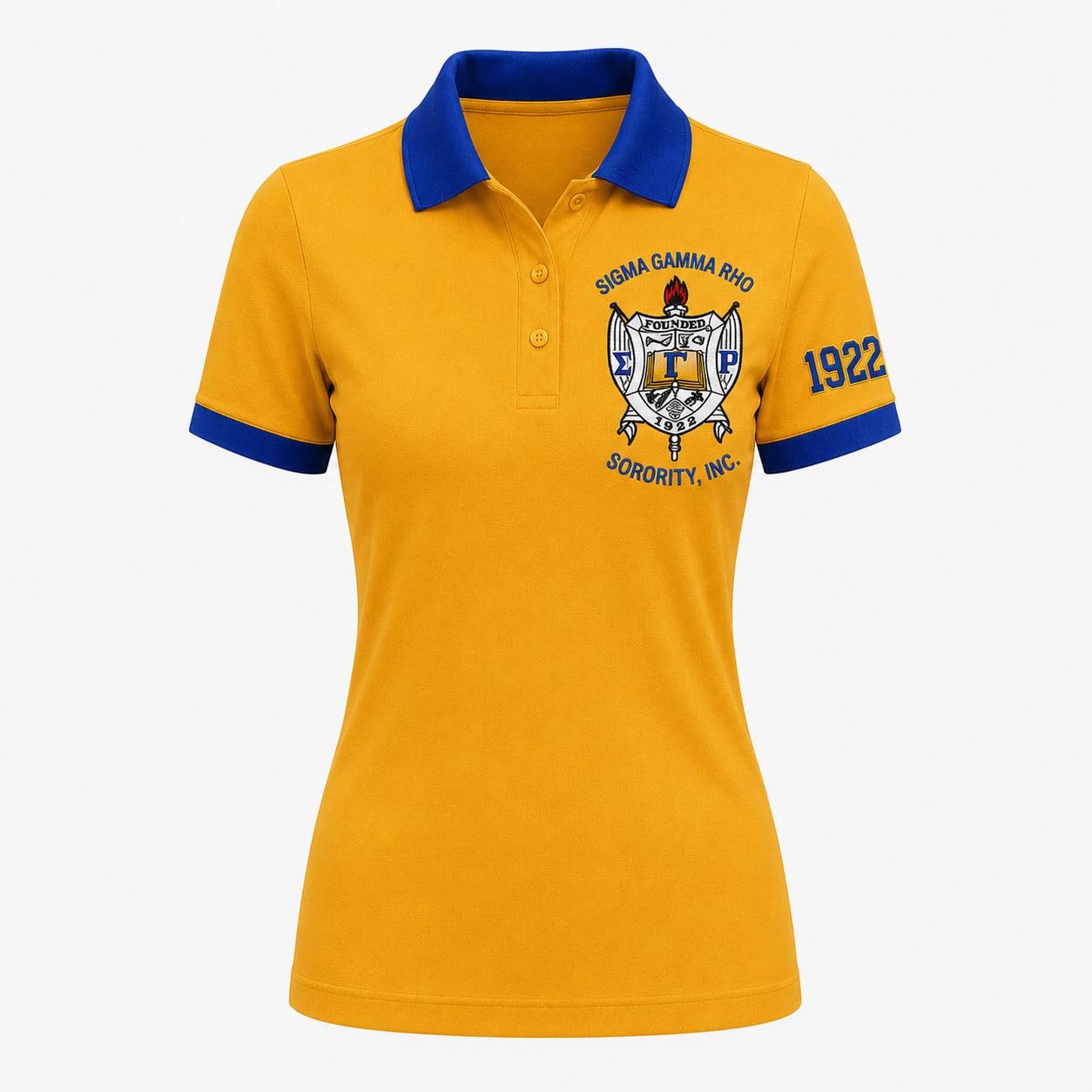 Royal Blue Gold custom embroidered Sigma Gamma Rho polo shirt with personalized name, chapter, and line details