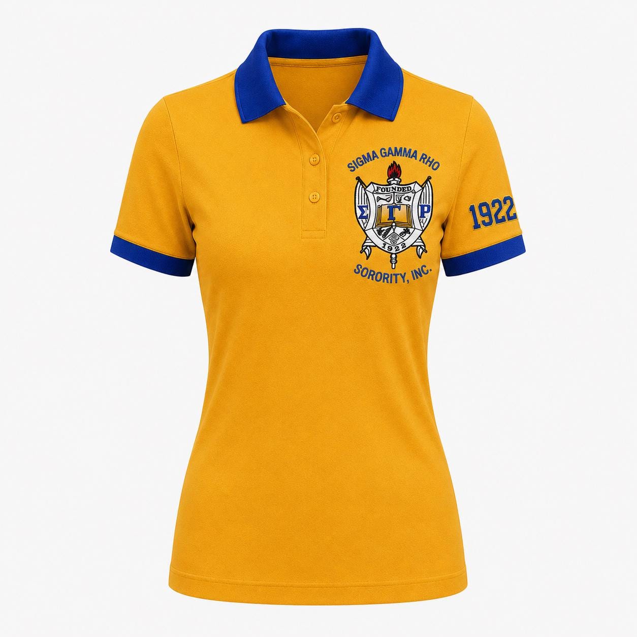 Royal Blue Gold custom embroidered Sigma Gamma Rho polo shirt with personalized name, chapter, and line details