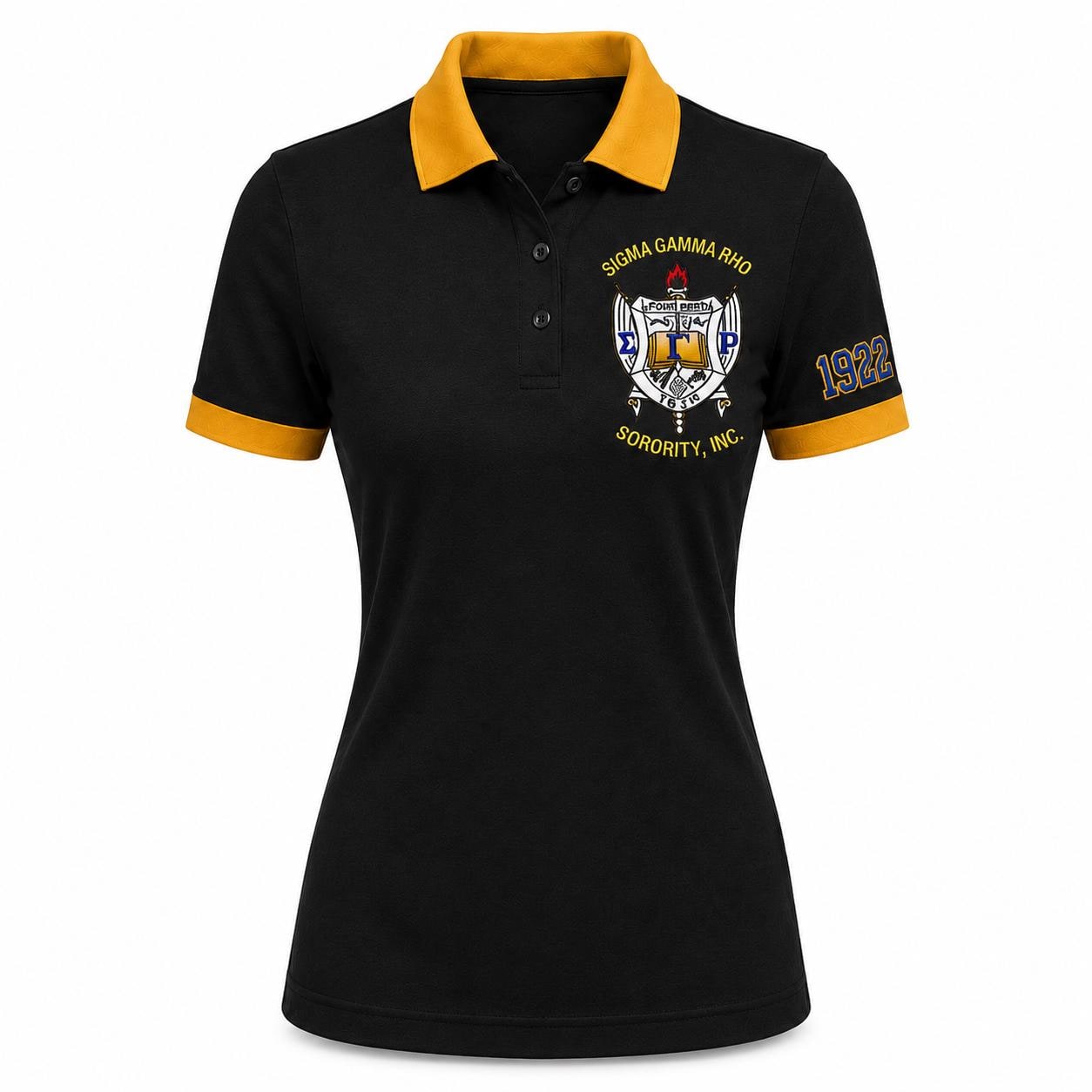 Royal Blue Gold custom embroidered Sigma Gamma Rho polo shirt with personalized name, chapter, and line details