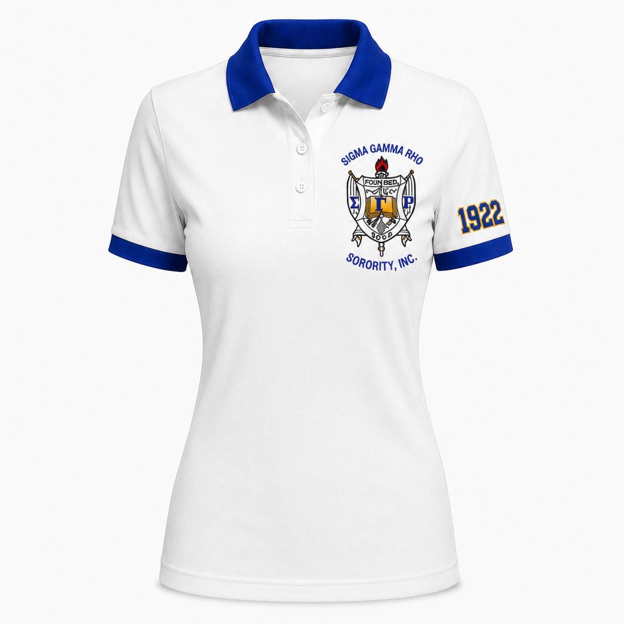 Royal Blue Gold custom embroidered Sigma Gamma Rho polo shirt with personalized name, chapter, and line details