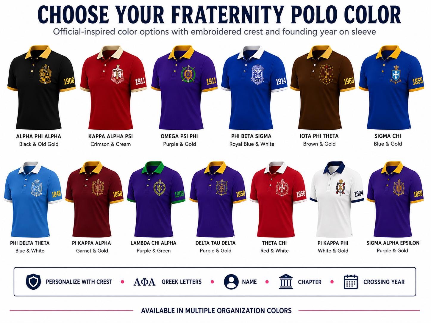 Royal Blue White custom embroidered greek polo shirt with personalized name, chapter, and line details