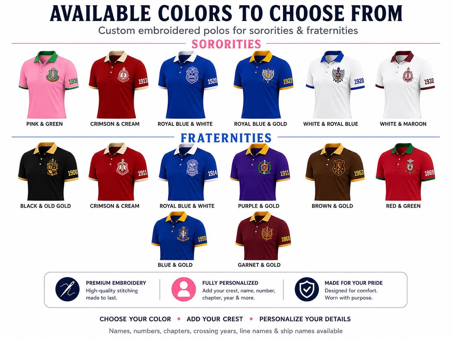 Royal Blue White custom embroidered greek polo shirt with personalized name, chapter, and line details