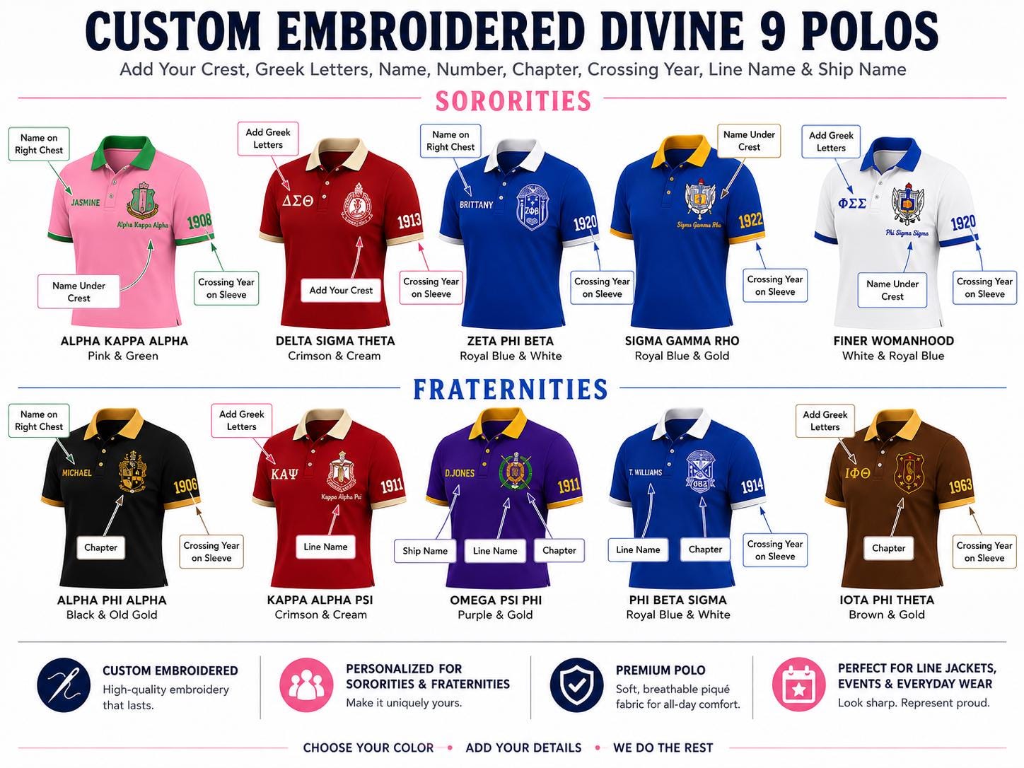 Royal Blue White custom embroidered greek polo shirt with personalized name, chapter, and line details