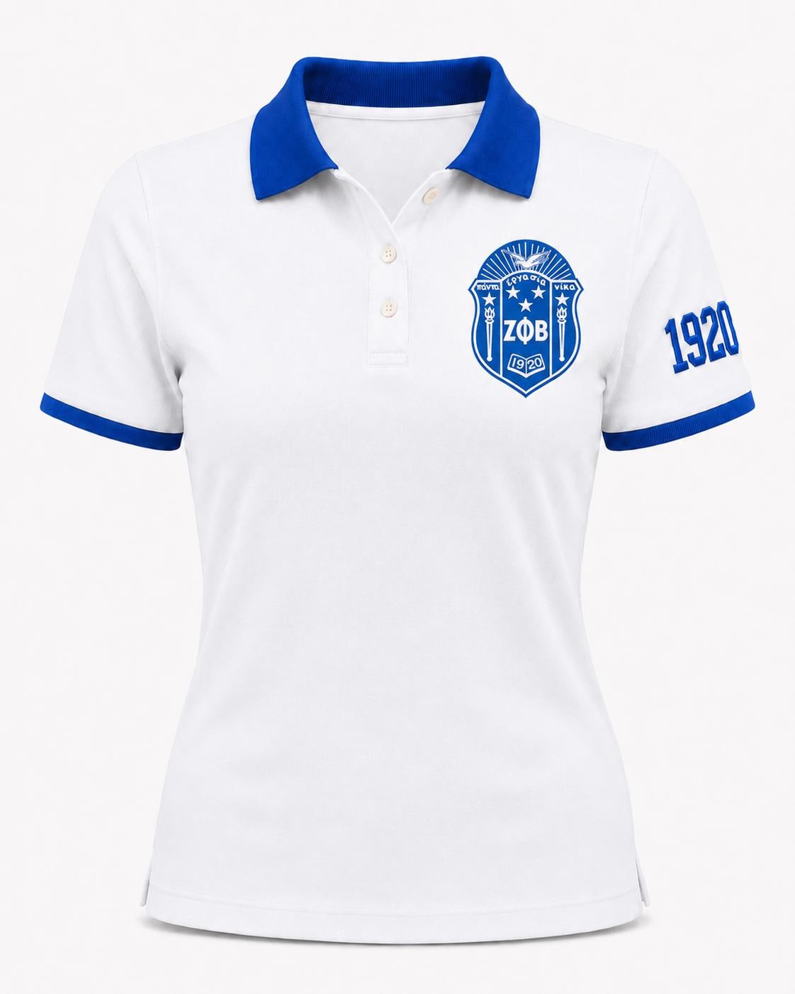 White Red custom embroidered Zeta Phi Beta polo shirt with personalized name, chapter, and line details
