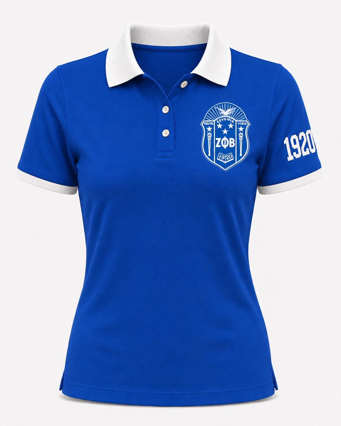 White Red custom embroidered Zeta Phi Beta polo shirt with personalized name, chapter, and line details