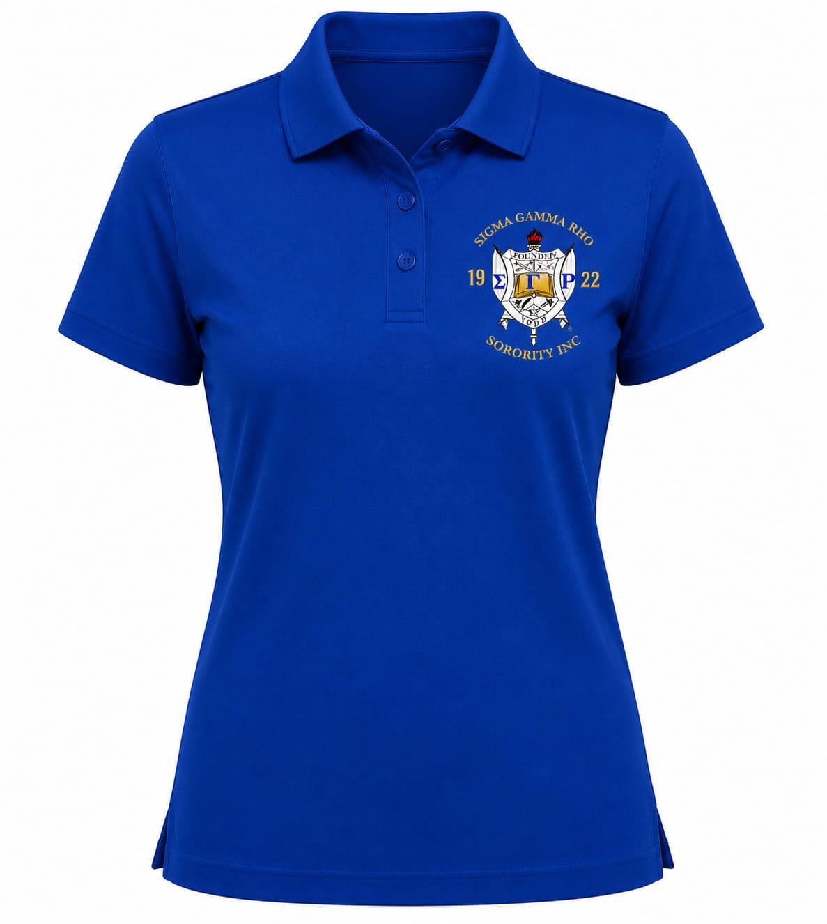 Gold Red custom embroidered Sigma Gamma Rho polo shirt with personalized name, chapter, and line details