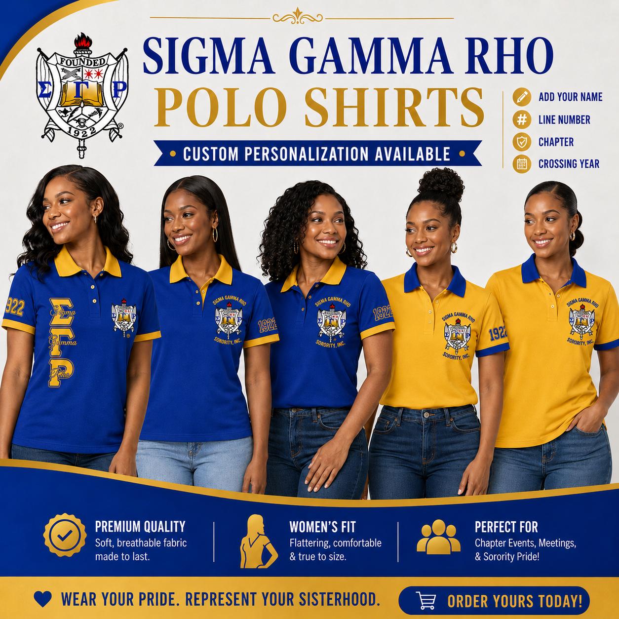 Gold Red custom embroidered Sigma Gamma Rho polo shirt with personalized name, chapter, and line details