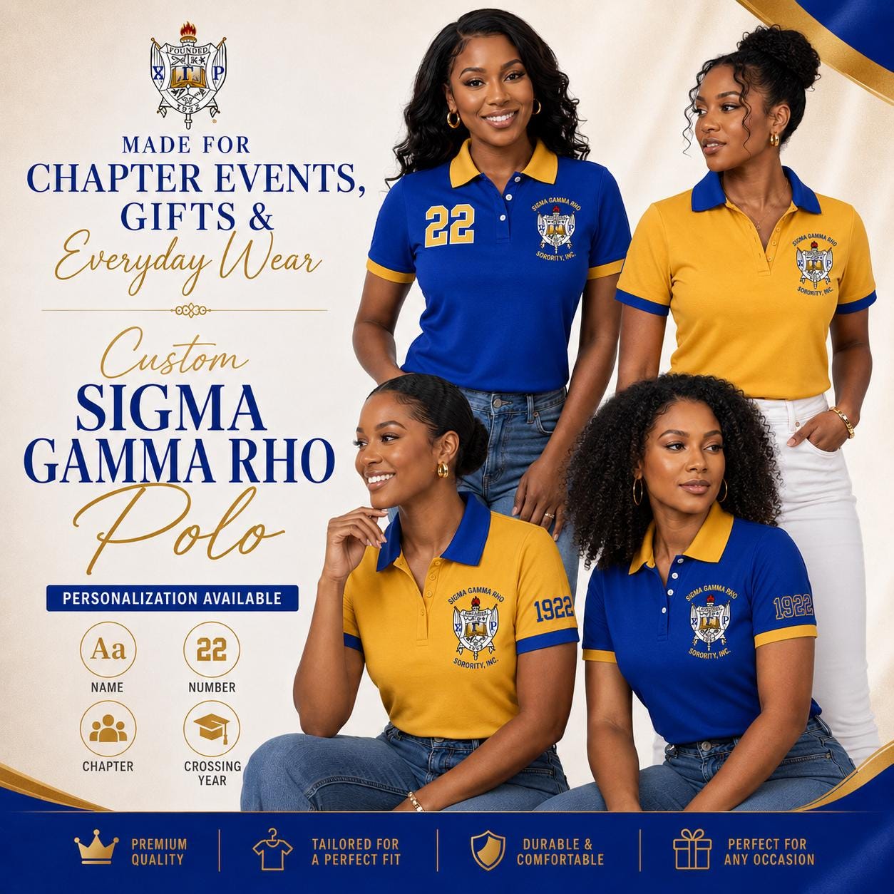 Gold Red custom embroidered Sigma Gamma Rho polo shirt with personalized name, chapter, and line details