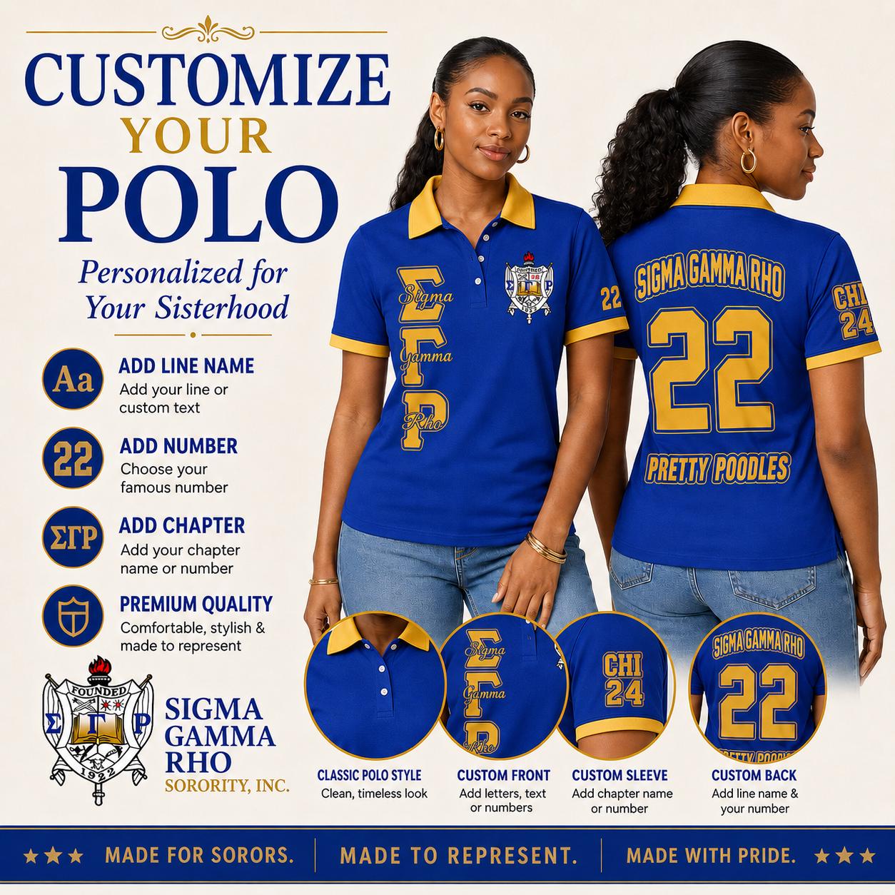 Gold Red custom embroidered Sigma Gamma Rho polo shirt with personalized name, chapter, and line details