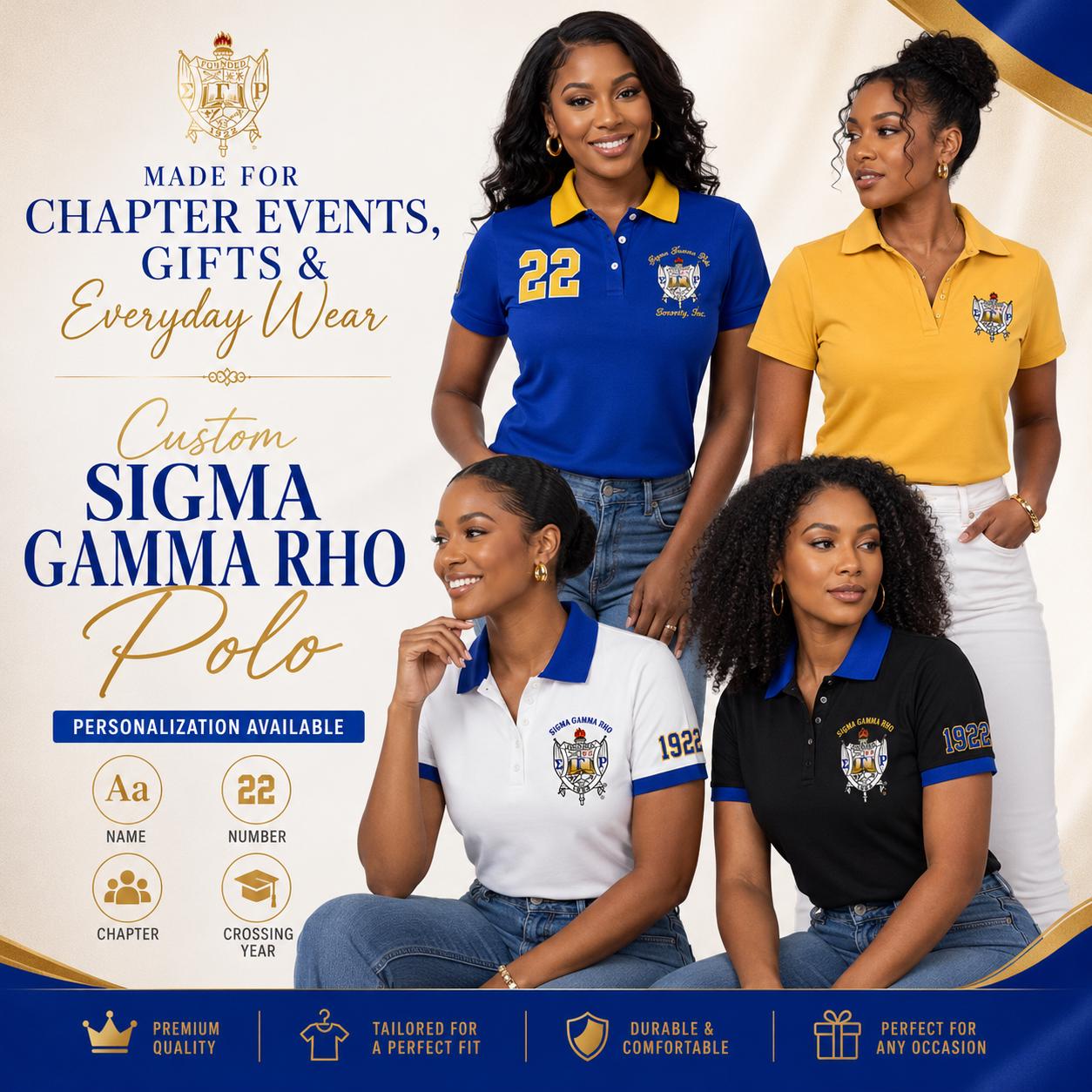 Gold Red custom embroidered Sigma Gamma Rho polo shirt with personalized name, chapter, and line details