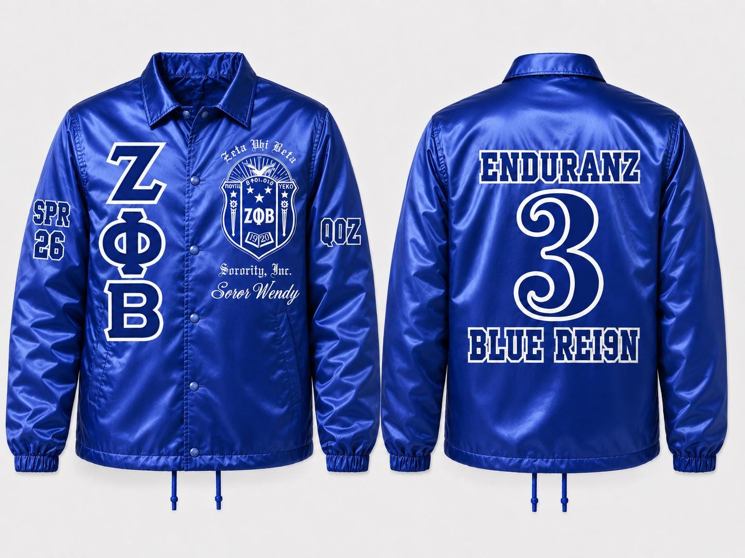 Royal Blue / Black Zeta Phi Beta Varsity Line Jacket with personalized front, back, and sleeve embroidery