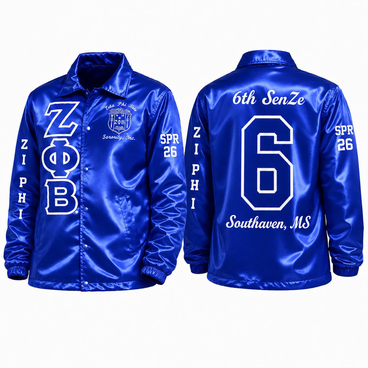Royal Blue / Black Zeta Phi Beta Varsity Line Jacket with personalized front, back, and sleeve embroidery