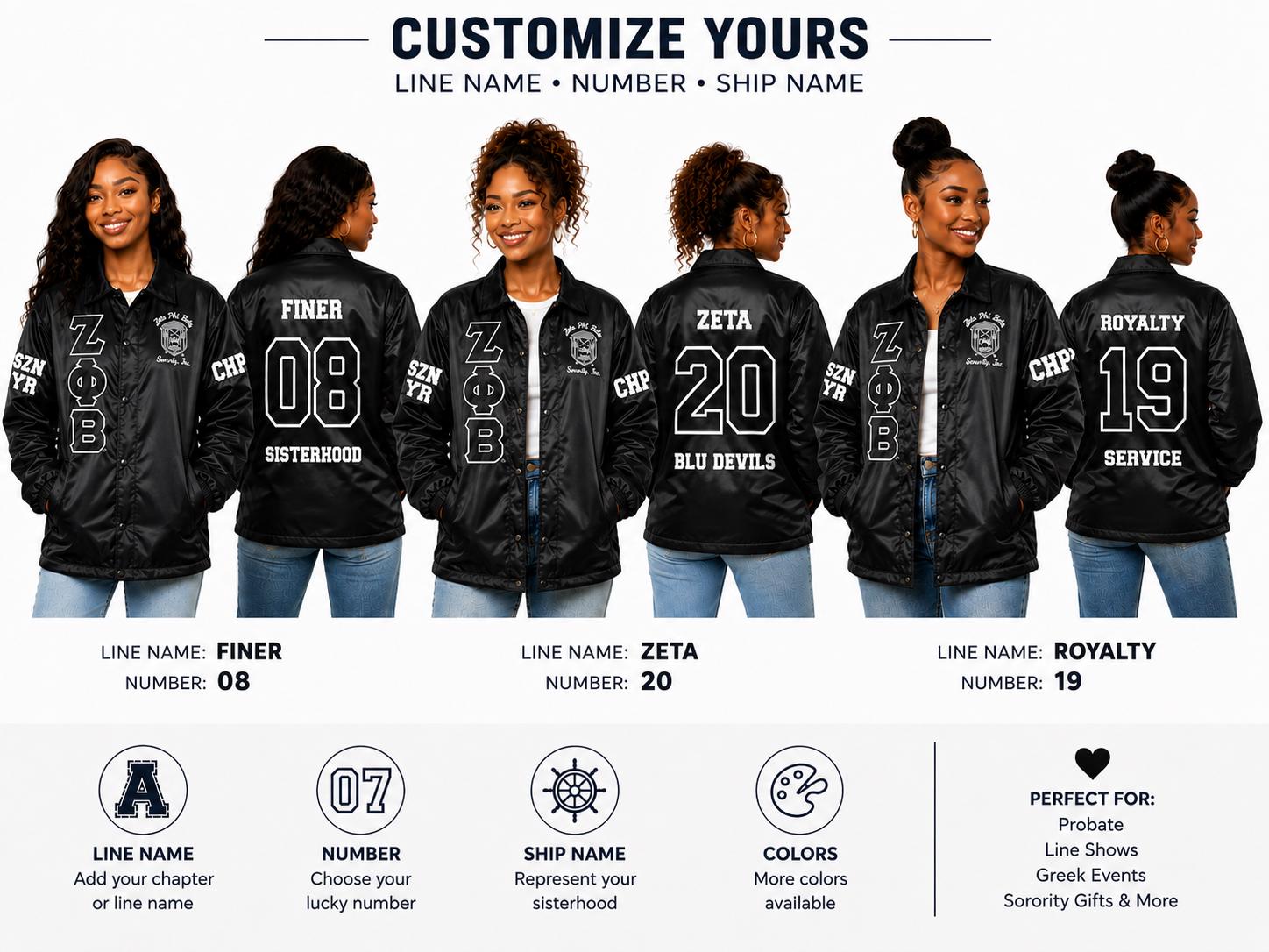 Royal Blue / Black Zeta Phi Beta Varsity Line Jacket with personalized front, back, and sleeve embroidery
