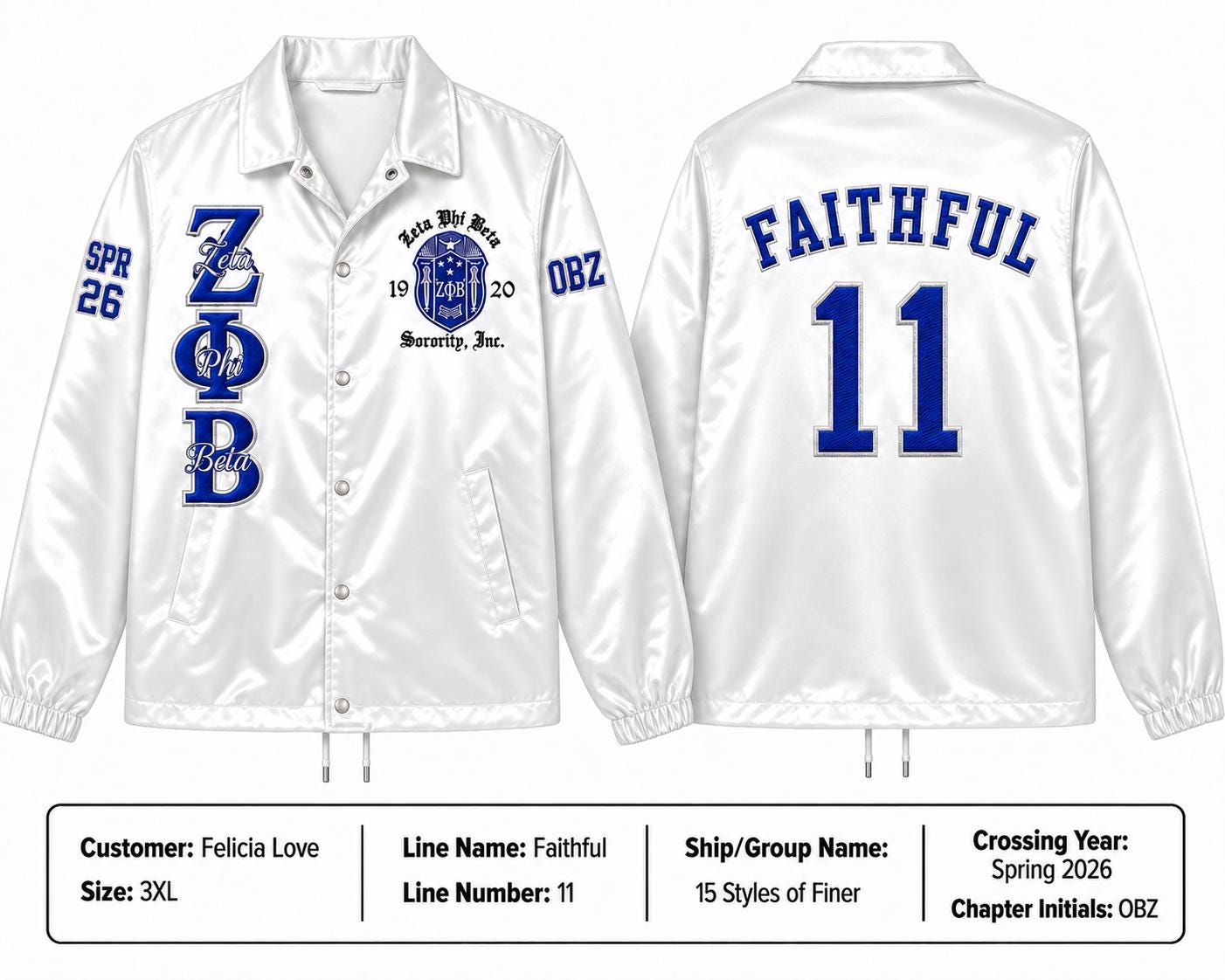 Royal Blue / Black Zeta Phi Beta Varsity Line Jacket with personalized front, back, and sleeve embroidery