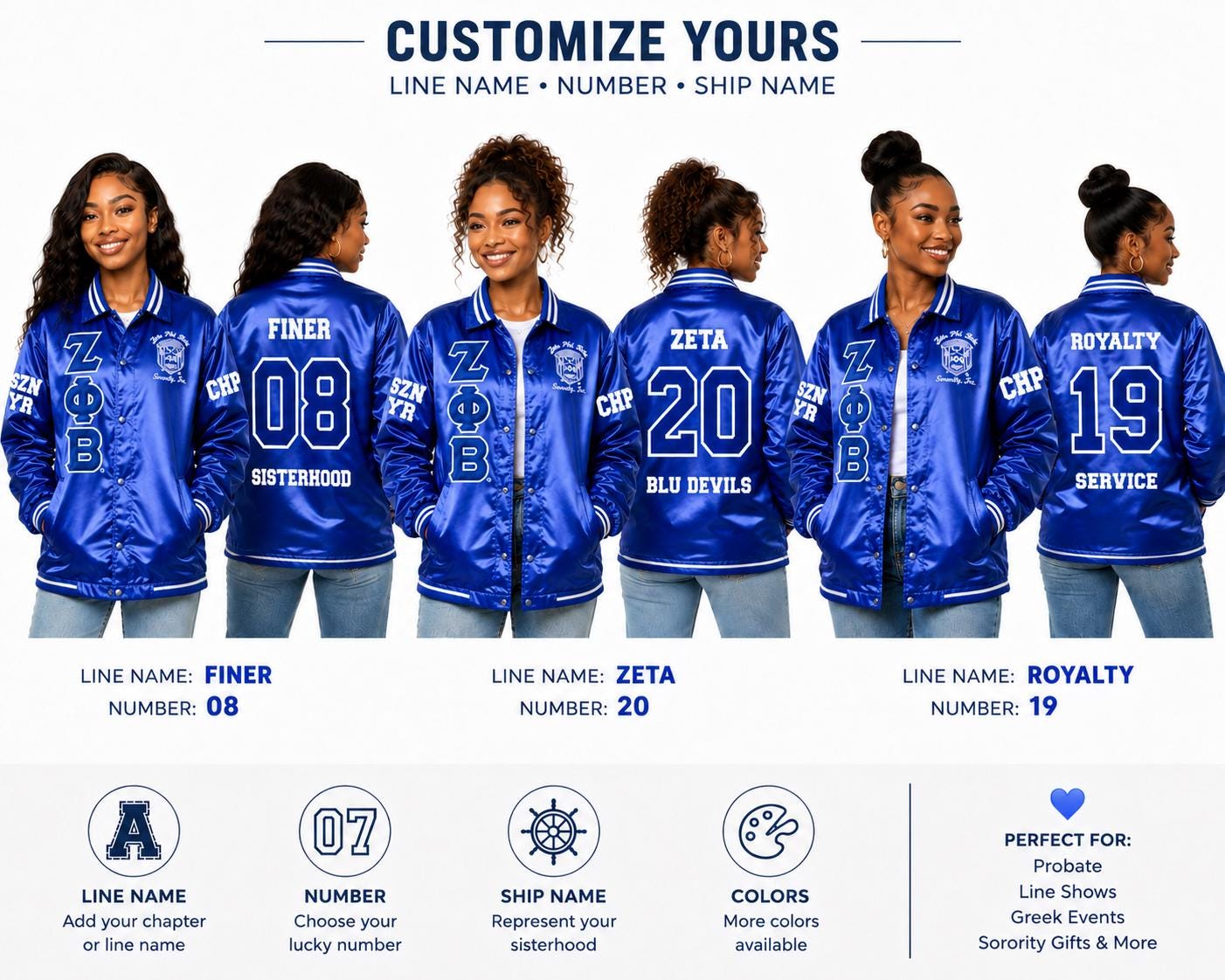 Royal Blue / Black Zeta Phi Beta Varsity Line Jacket with personalized front, back, and sleeve embroidery