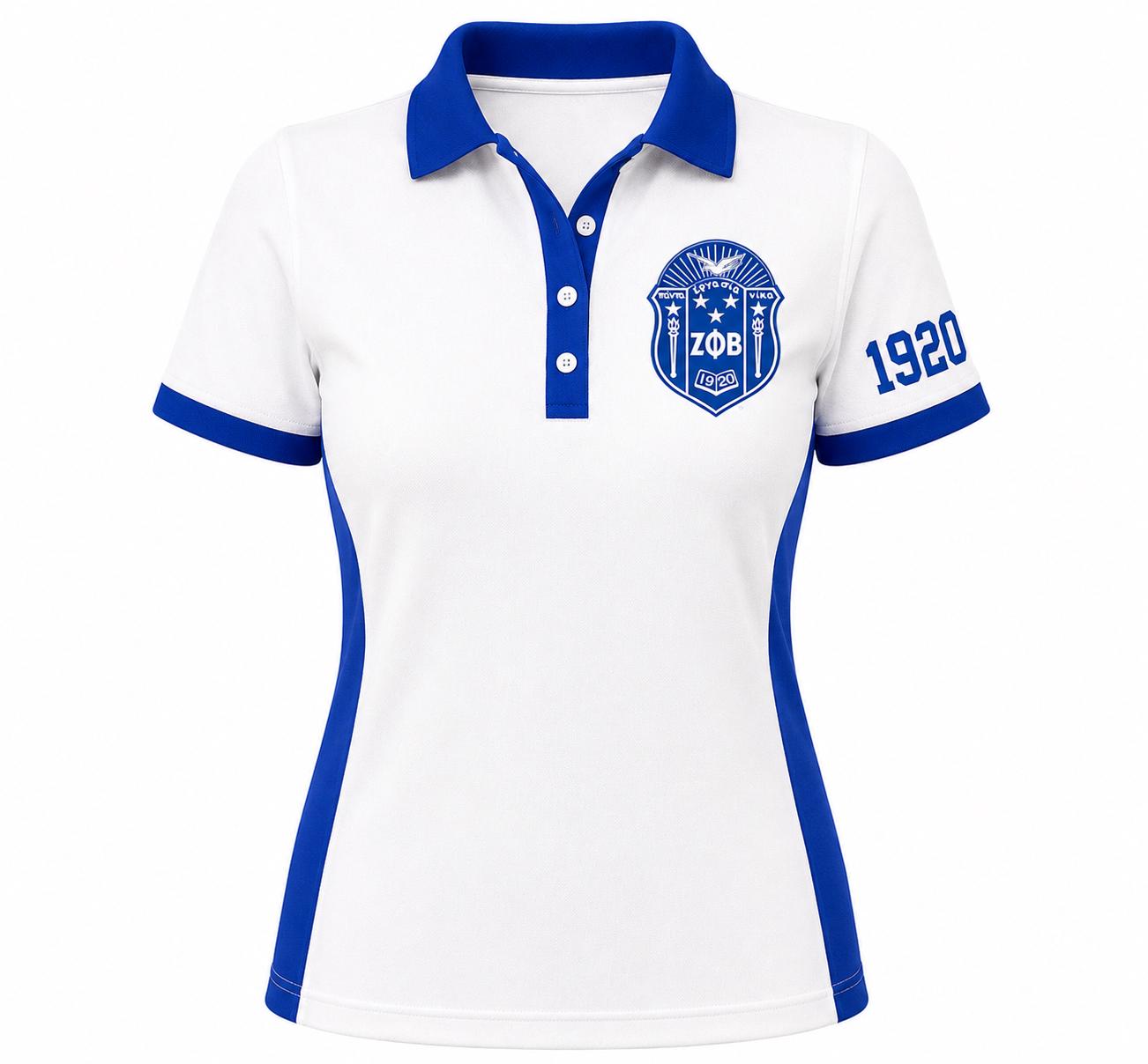 Royal Blue White custom embroidered Zeta Phi Beta polo shirt with personalized name, chapter, and line details