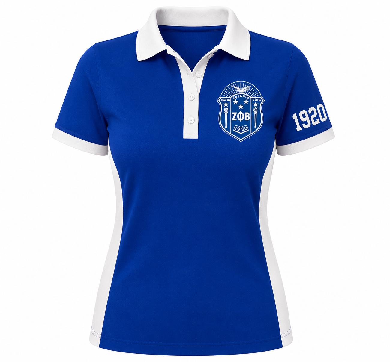 Royal Blue White custom embroidered Zeta Phi Beta polo shirt with personalized name, chapter, and line details