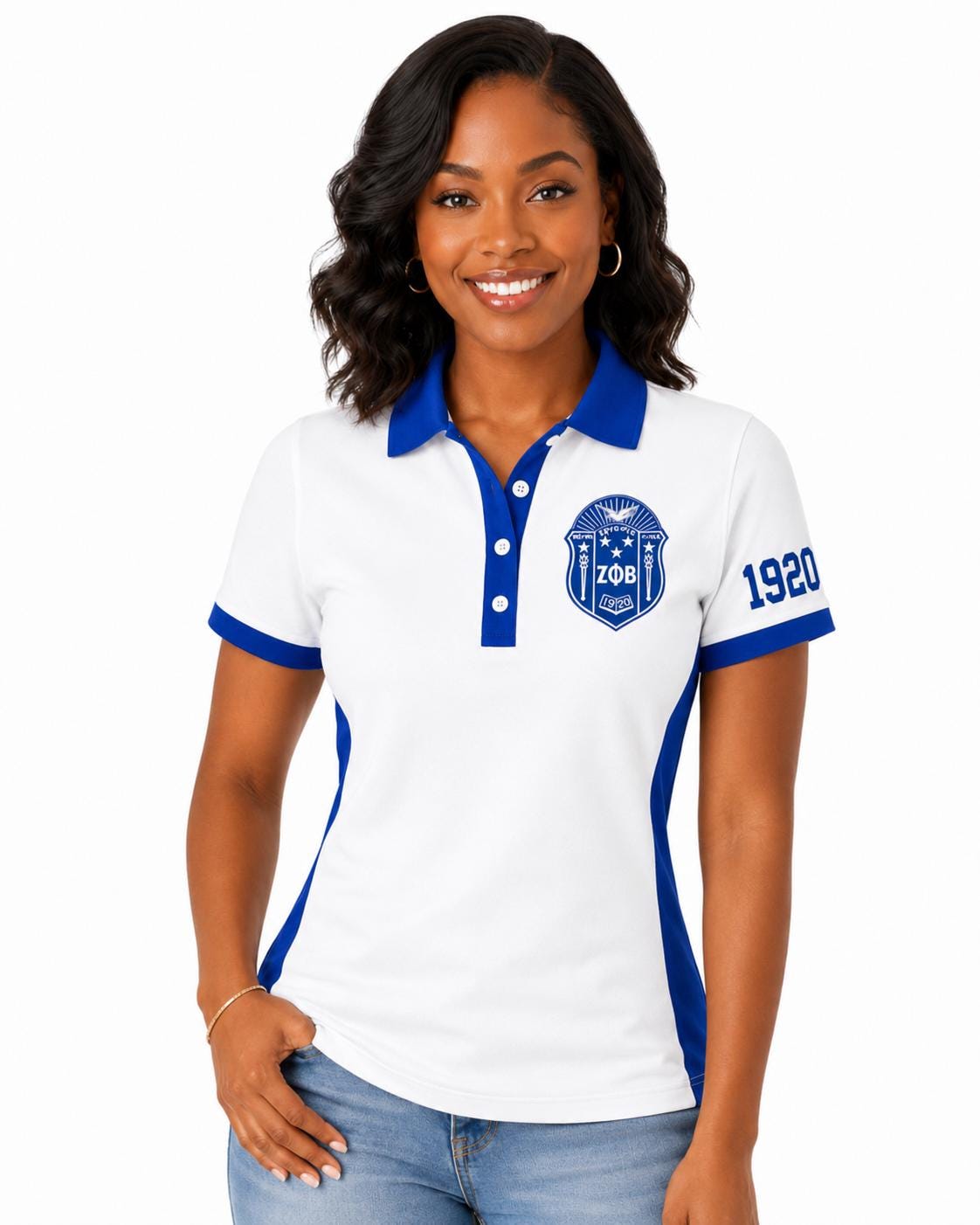Royal Blue White custom embroidered Zeta Phi Beta polo shirt with personalized name, chapter, and line details