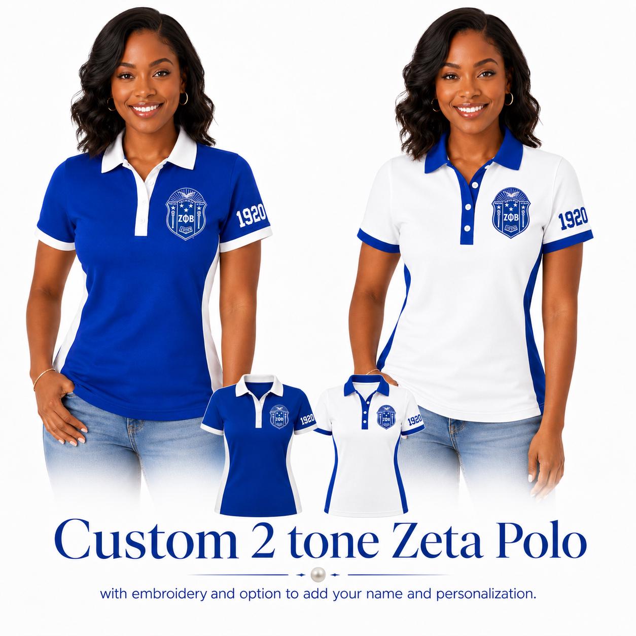 Royal Blue White custom embroidered Zeta Phi Beta polo shirt with personalized name, chapter, and line details