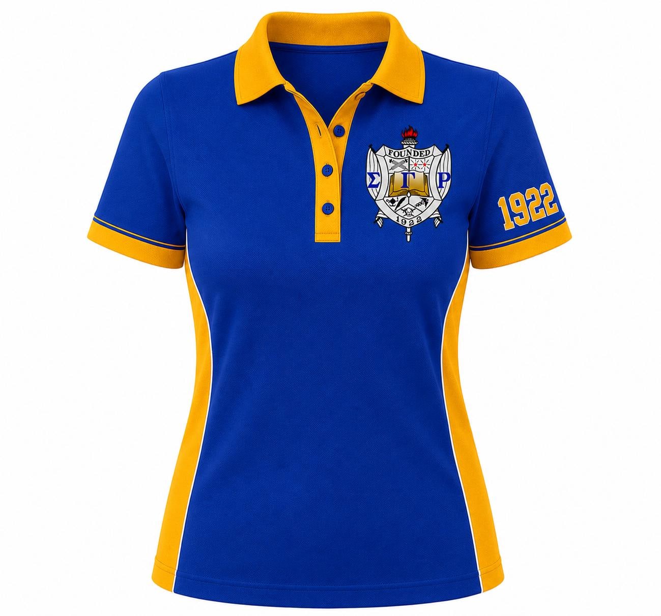 Royal Blue Gold custom embroidered Sigma Gamma Rho polo shirt with personalized name, chapter, and line details