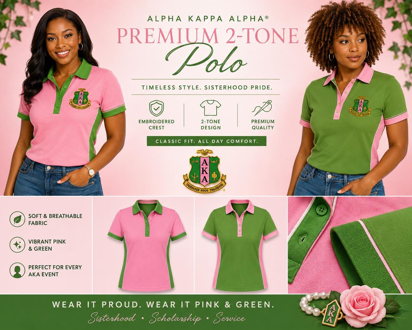 Red Pink custom embroidered Alpha Kappa Alpha polo shirt with personalized name, chapter, and line details