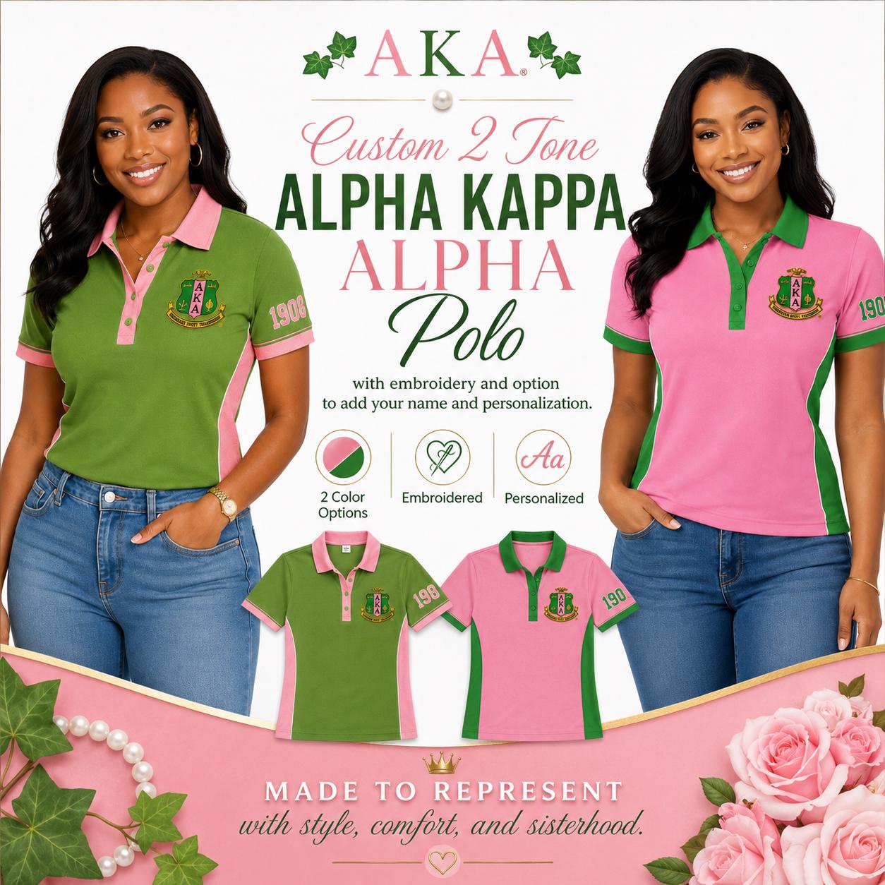 Red Pink custom embroidered Alpha Kappa Alpha polo shirt with personalized name, chapter, and line details