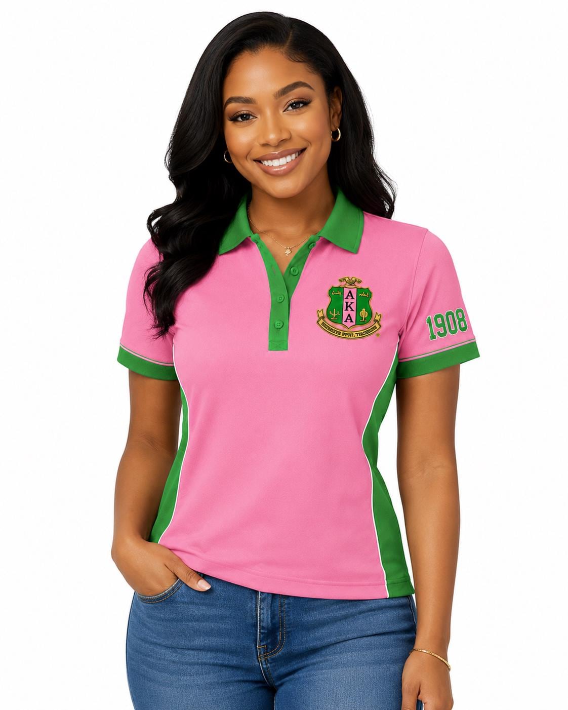 Red Pink custom embroidered Alpha Kappa Alpha polo shirt with personalized name, chapter, and line details