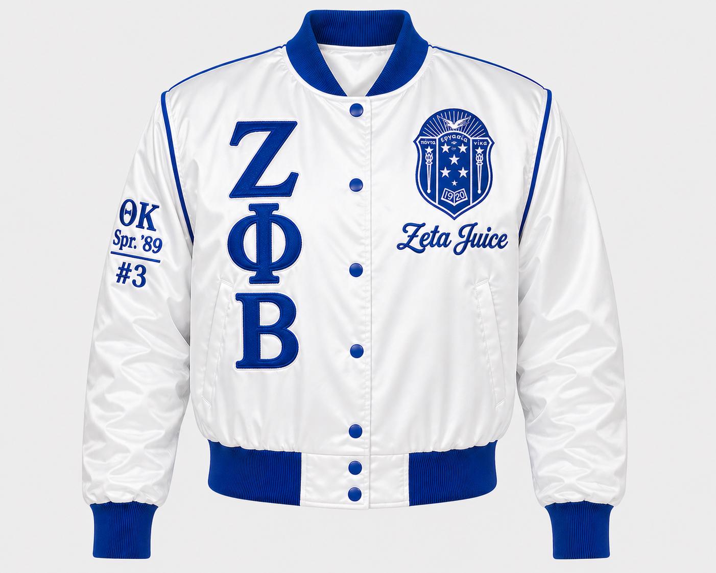 Royal Blue / White Zeta Phi Beta Cropped Line Jacket with personalized front, back, and sleeve embroidery